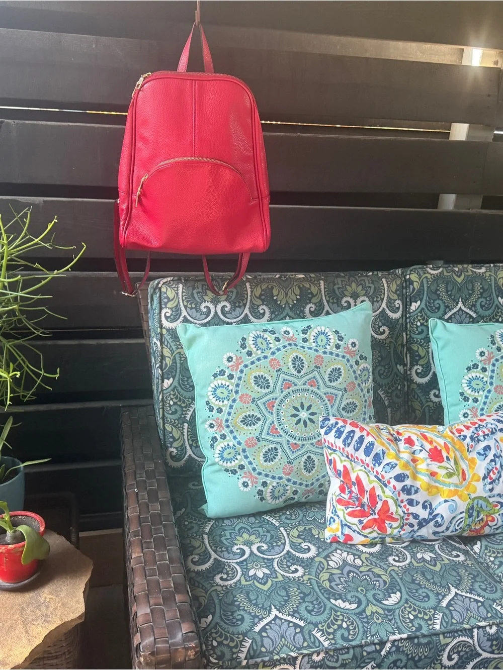 Pebbled Red Women's Leather (?) Backpack with Gold Hardware